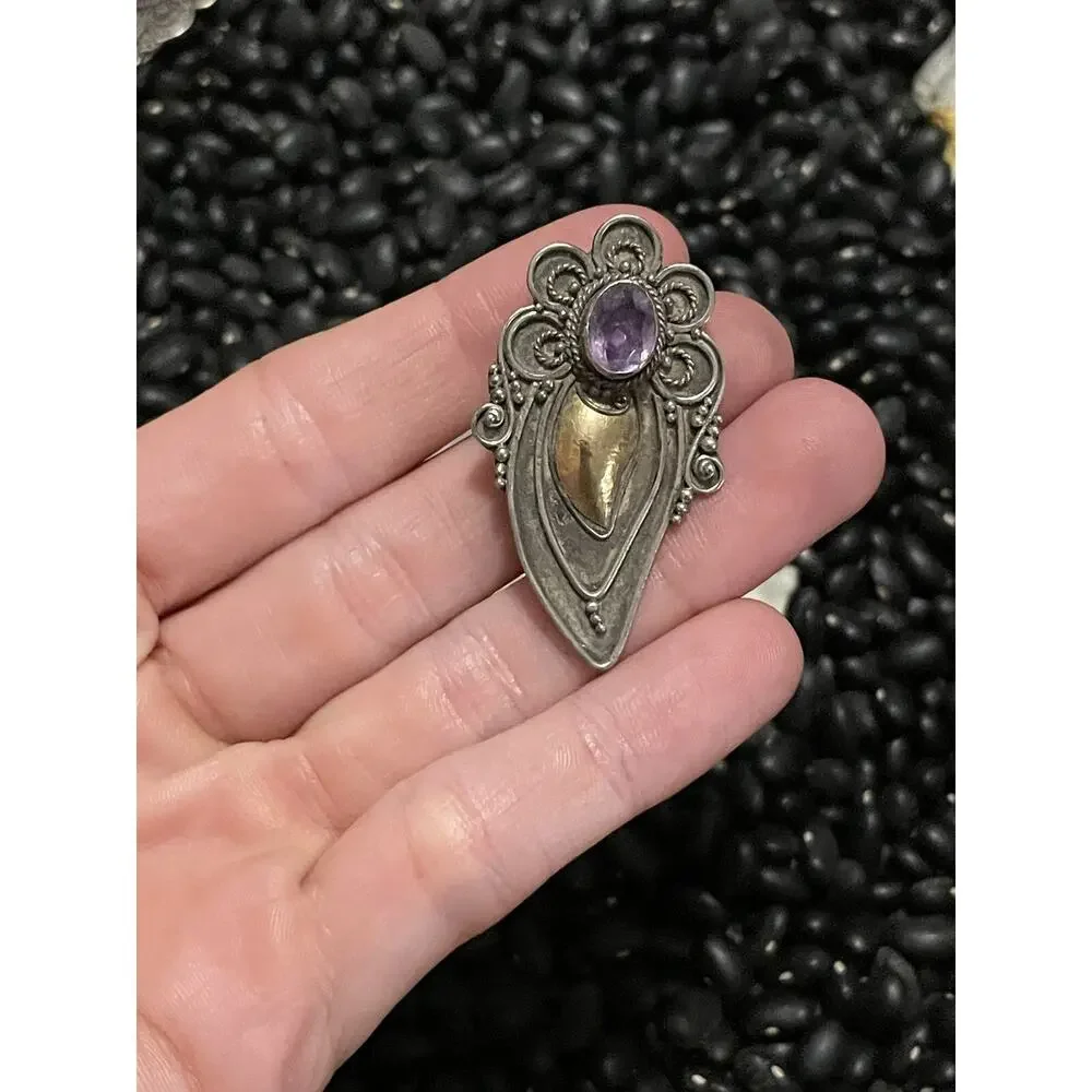 Vintage Sterling Silver & Brass Scroll Pin Brooch Teardrop Cluster Amethyst